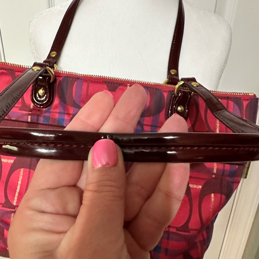 Coach Poppy Plaid Signature Glam Tote Satchel Pink Red Patent Trim EUC - Picture 7 of 11